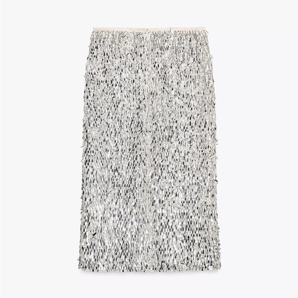 Zara Dresses & Skirts - Zara Silver Sequin Fringe Midi Skirt